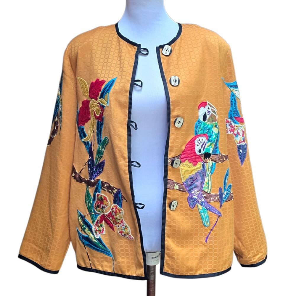 Alex Kim Vintage Wearable Art Jacket Medium Parrot Embroidered Yellow Maximalist